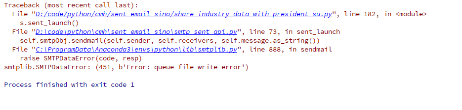 Python发送邮件超时： Smtplib.SMTPDataError: (451, B‘Error: Queue File Write ...