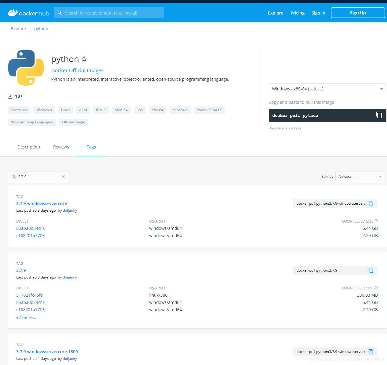 Docker for Python 官方网页根据版号 3.7.9 过滤