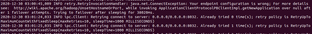 java.net.ConnectException: Your endpoint configuration is wrong; For more details see:  http://wiki.apache.org/hadoop/UnsetHostnameOrPort, while invoking ApplicationClientProtocolPBClientImpl.getNewApplication over null after 1 failover attempts.