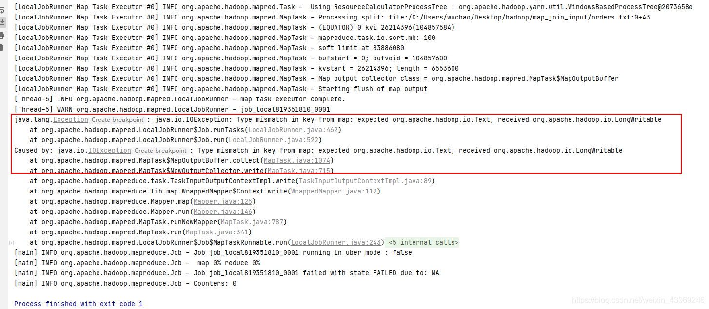java.lang.Exception: java.io.IOException: Type mismatch in key from map ...