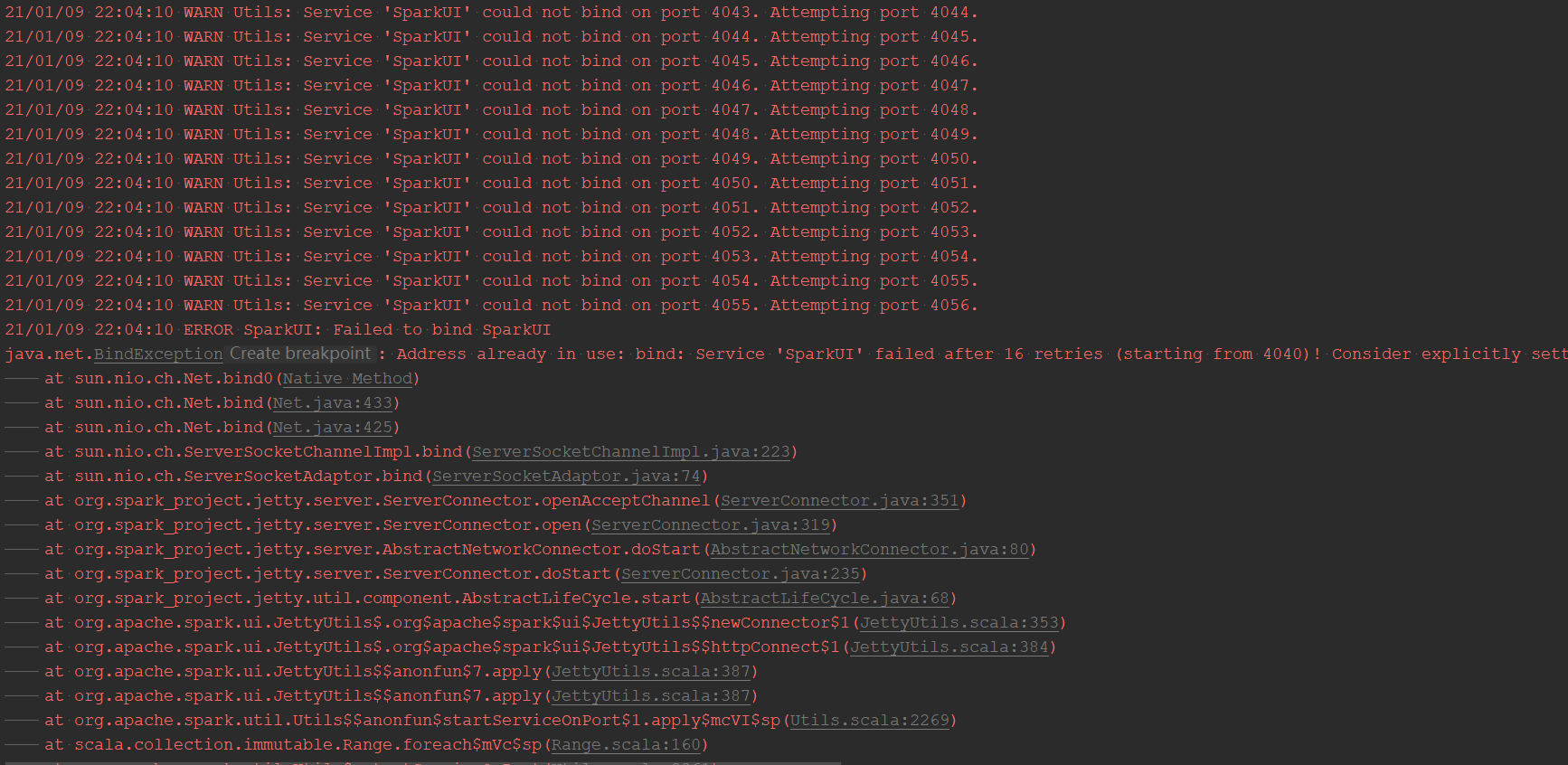 Spark被端口占用 Address already in use: bind: Service ‘SparkUI‘ failed after ...