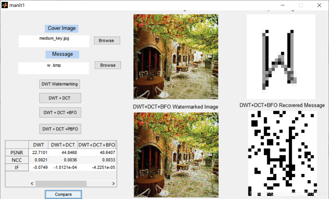 【图像隐写】基于matlab GUI DWT+DCT+PBFO改进图像水印隐藏提取（含PSNR、NCC、IF）【含Matlab源码 081期】