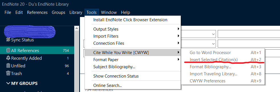 Endnote20 在word里插入参考文献 [快捷键Alt+2]