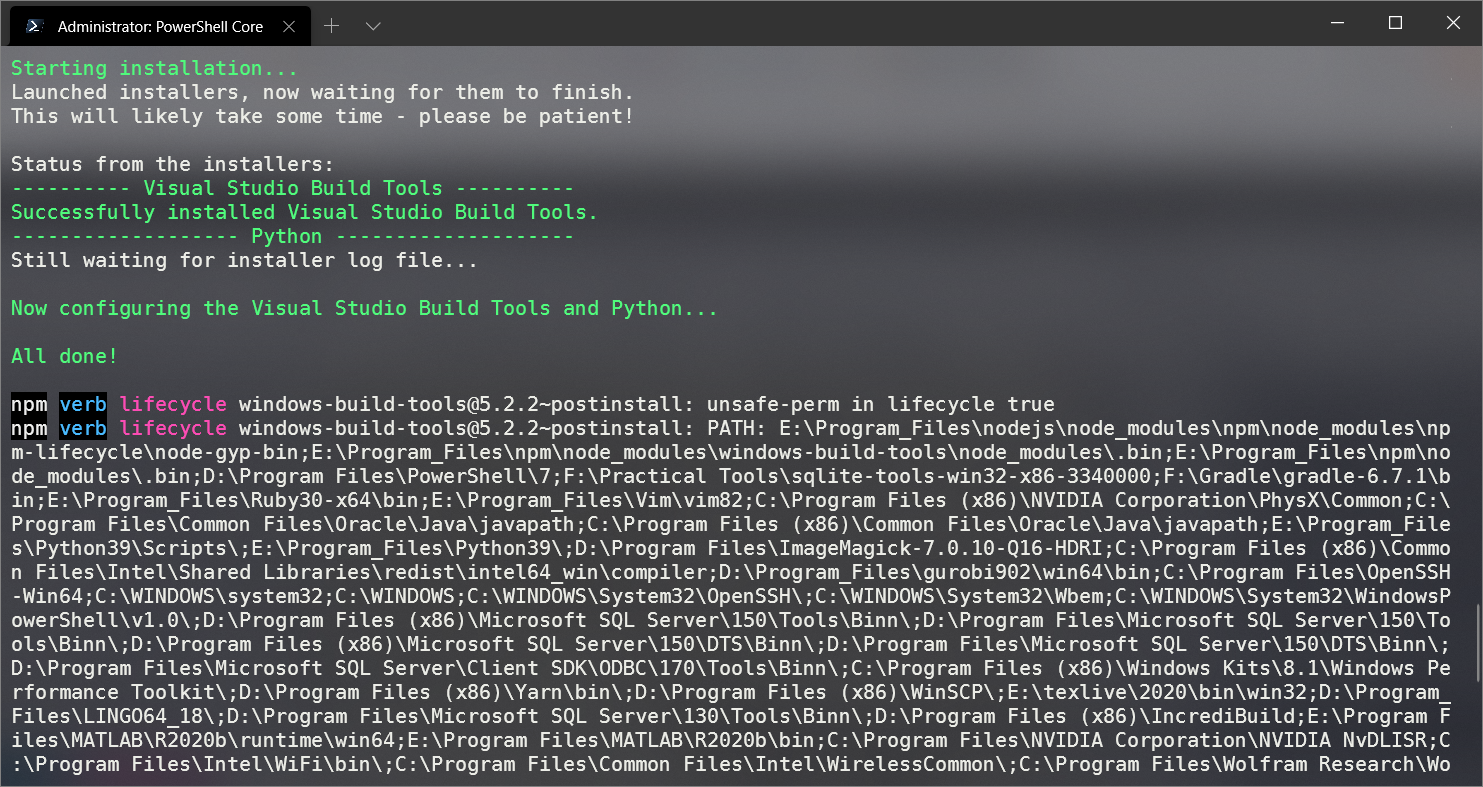 npm安装windowsbuildtools等packages时卡在Successfully installed Python 2.7处挂