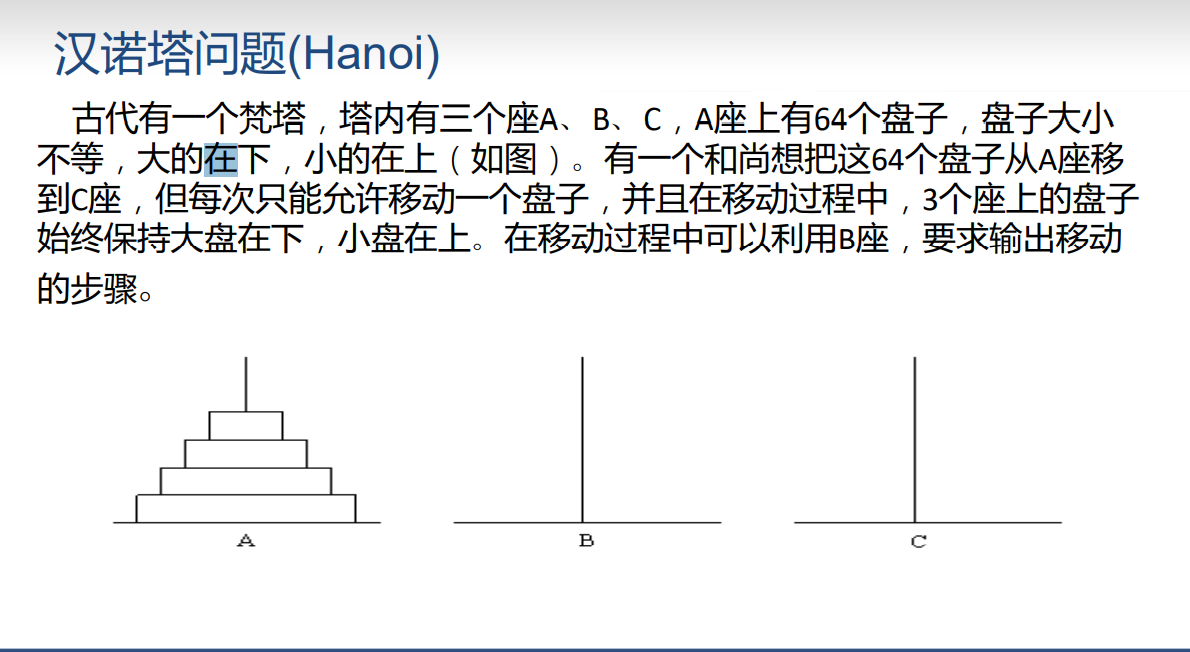 思路:汉诺塔问题三步:有n个盘子,三个塔.