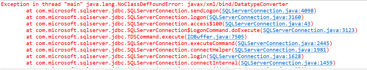 Java连接sqlserver数据库发生错误：javax/xml/bind/DatatypeConverter