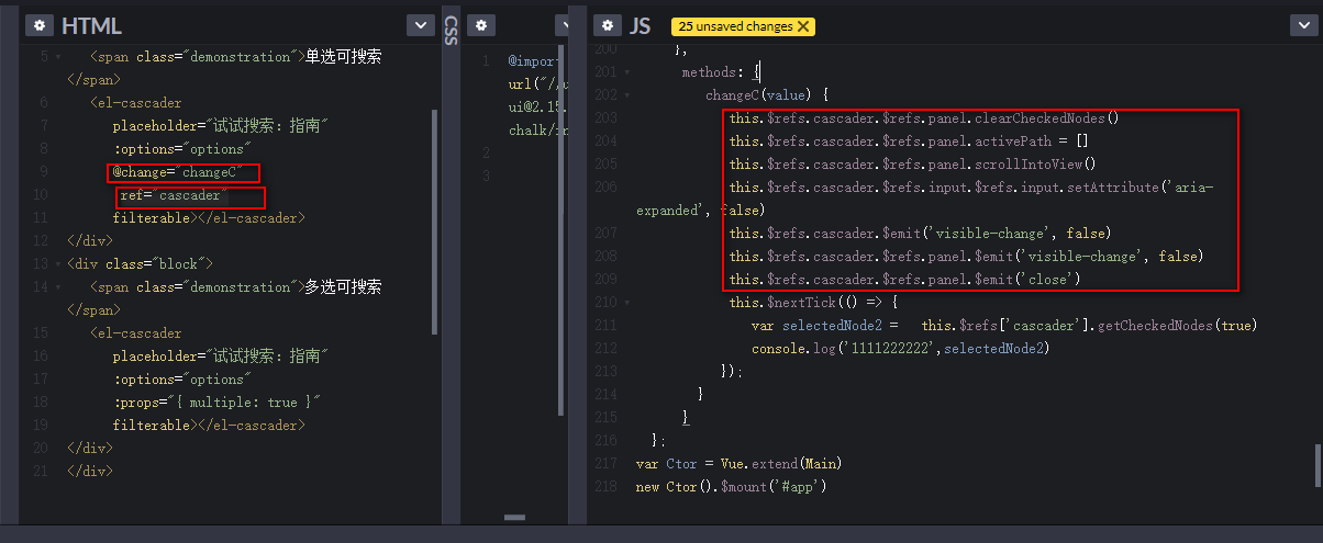 bug描述：el-cascader搜索后再选中拿不到选中后的label值，getCheckedNodes()返回的还是原值，选中项高亮的也是原值