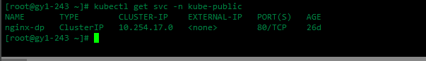 NAME       TYPE        CLUSTER-IP      EXTERNAL-IP   PORT(S)   AGEnginx-dp   ClusterIP   10.254.127.91           80/TCP    14s