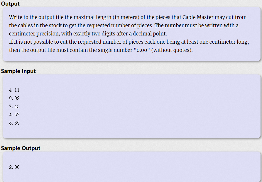 POJ 1064  Cable master  二分