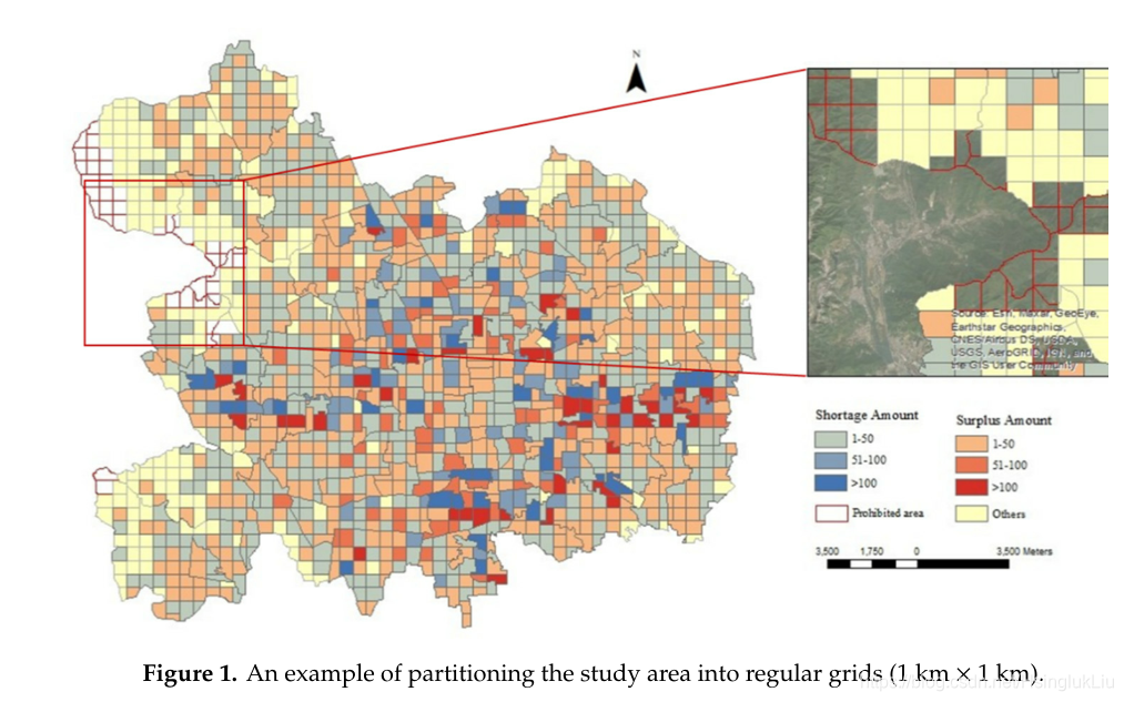 An example of partitioning the study area into regular grids (1 km × 1 km).