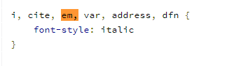 Picture of em element style in user agent stylesheet