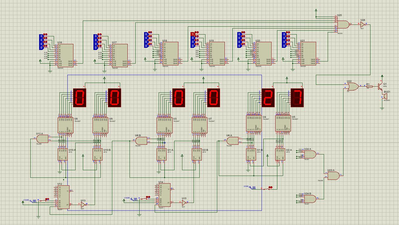 纯硬件分立式数字电子钟proteus仿真(数电课设,含时间显示,校准,整点
