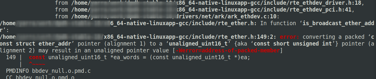 ubuntu20 编译dpdk错误 -Werror=address-of-packed-member