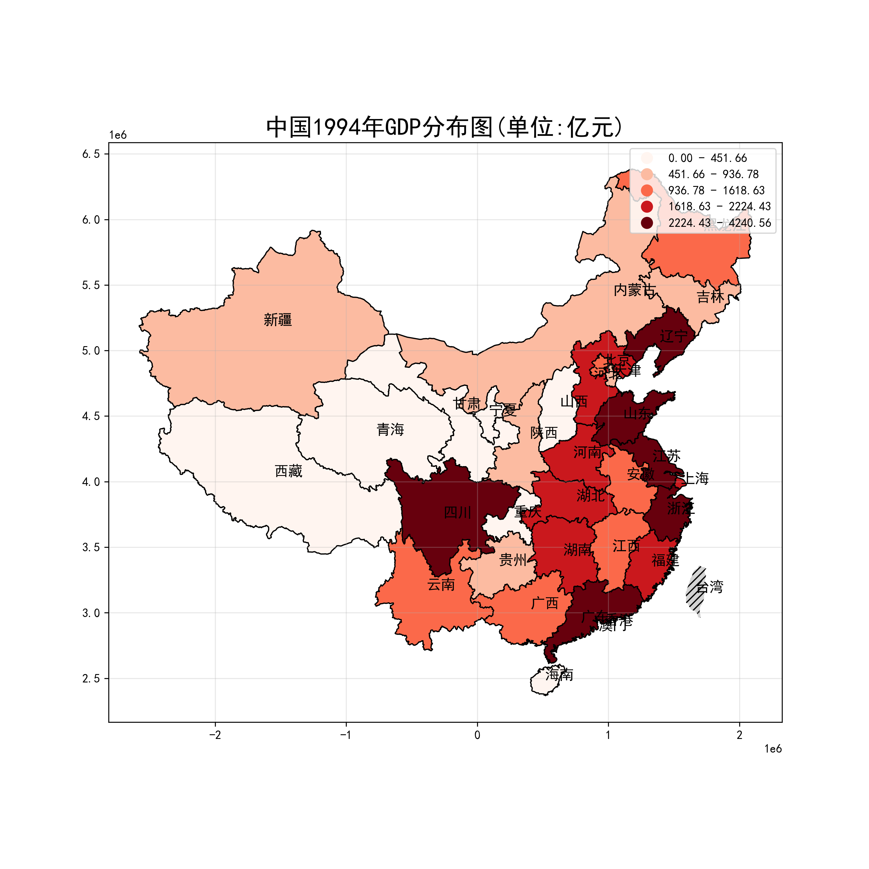 中1994年GDP分布图，数据有缺失值和不精确