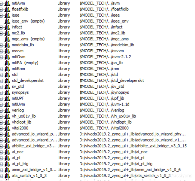 加入vivado库的modelsim库界面