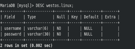 查看westos库中的linux表的信息