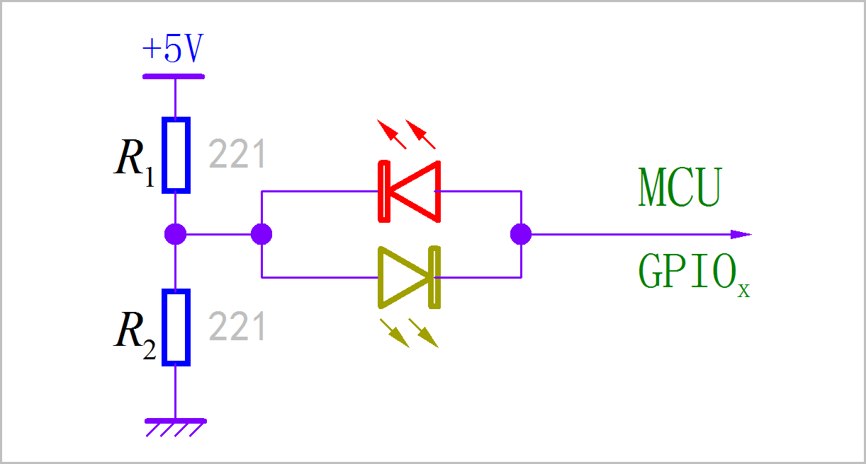 ▲ 两个LED正反并联连接在MCU的IO口与分压电阻中点