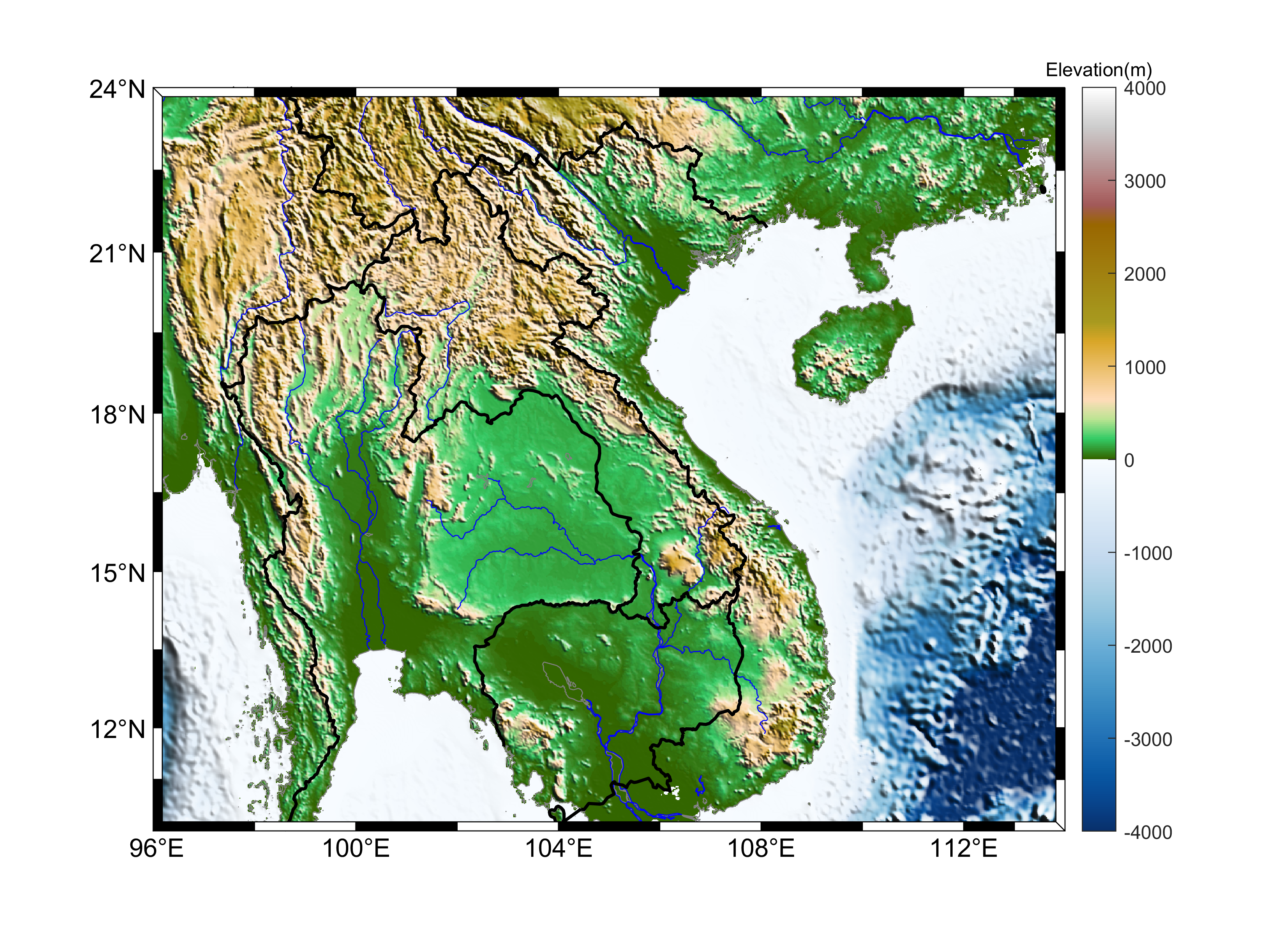 Matlab下地形图绘图包m_map绘图包绘制高分辨率海岸线、国界线与河流