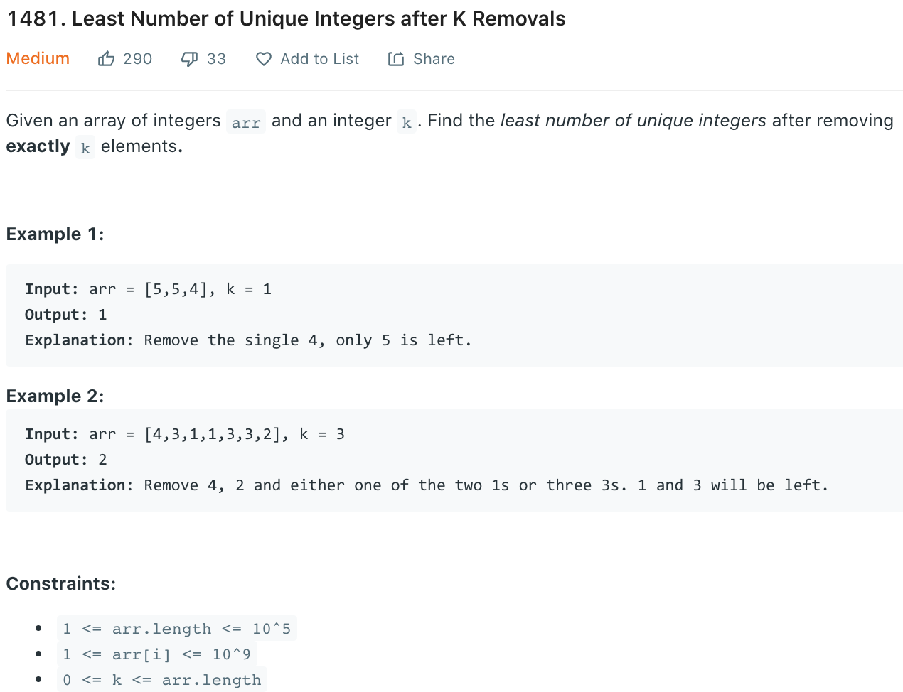 Least Number of Unique Integers after K Removals