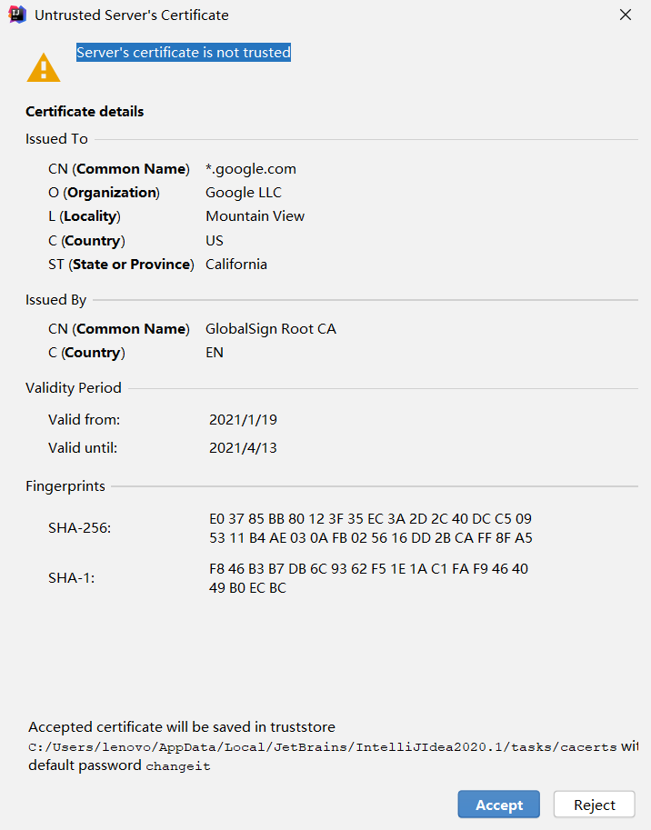 IDEA总是弹出 Server‘s Certificate Is Not Trusted 的解决办法_server Certificate ...