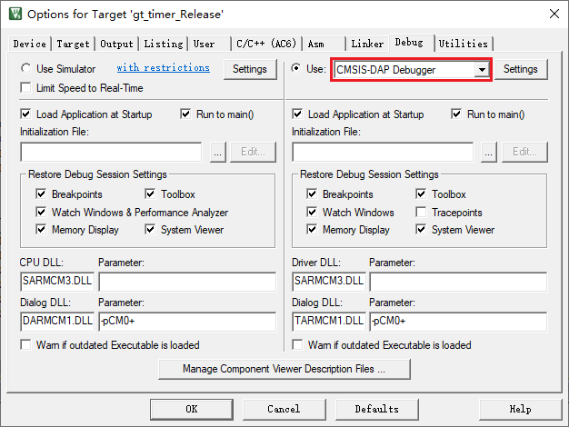 Options for Target - Debug