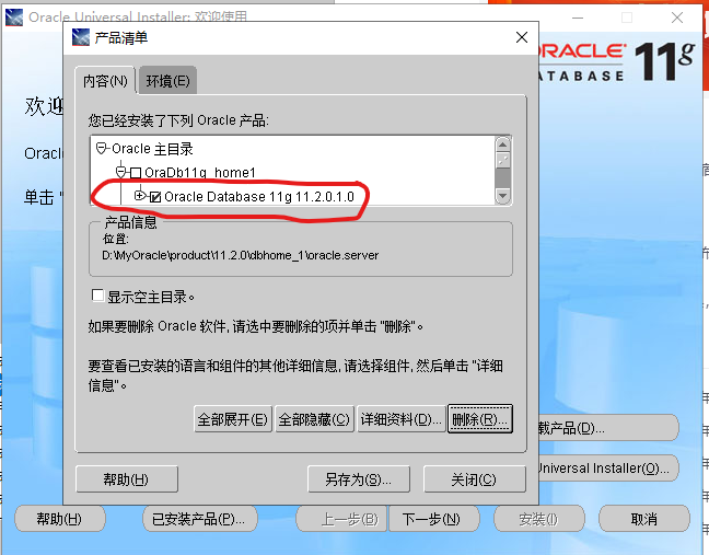 勾选Oracle Database 11g 11.2.0.1.0