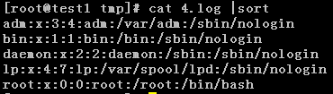 [root@test1 tmp]# cat 4.log |sortadm:x:3:4:adm:/var/adm:/sbin/nologinbin:x:1:1:bin:/bin:/sbin/nologindaemon:x:2:2:daemon:/sbin:/sbin/nologinlp:x:4:7:lp:/var/spool/lpd:/sbin/nologinroot:x:0:0:root:/root:/bin/bash