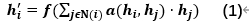 h_i^'=f(∑_(jϵΝ(i))▒〖a(h_i,h_j)⋅h_j 〗)	(1)