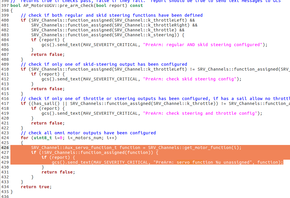 ardupilot rover ardurover 电机相关源码 PreArm servo function 33 unassigned