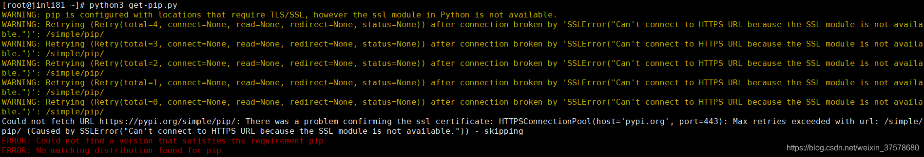 执行python3 get pip py报错:ERROR: Could not find a version that satisfies
