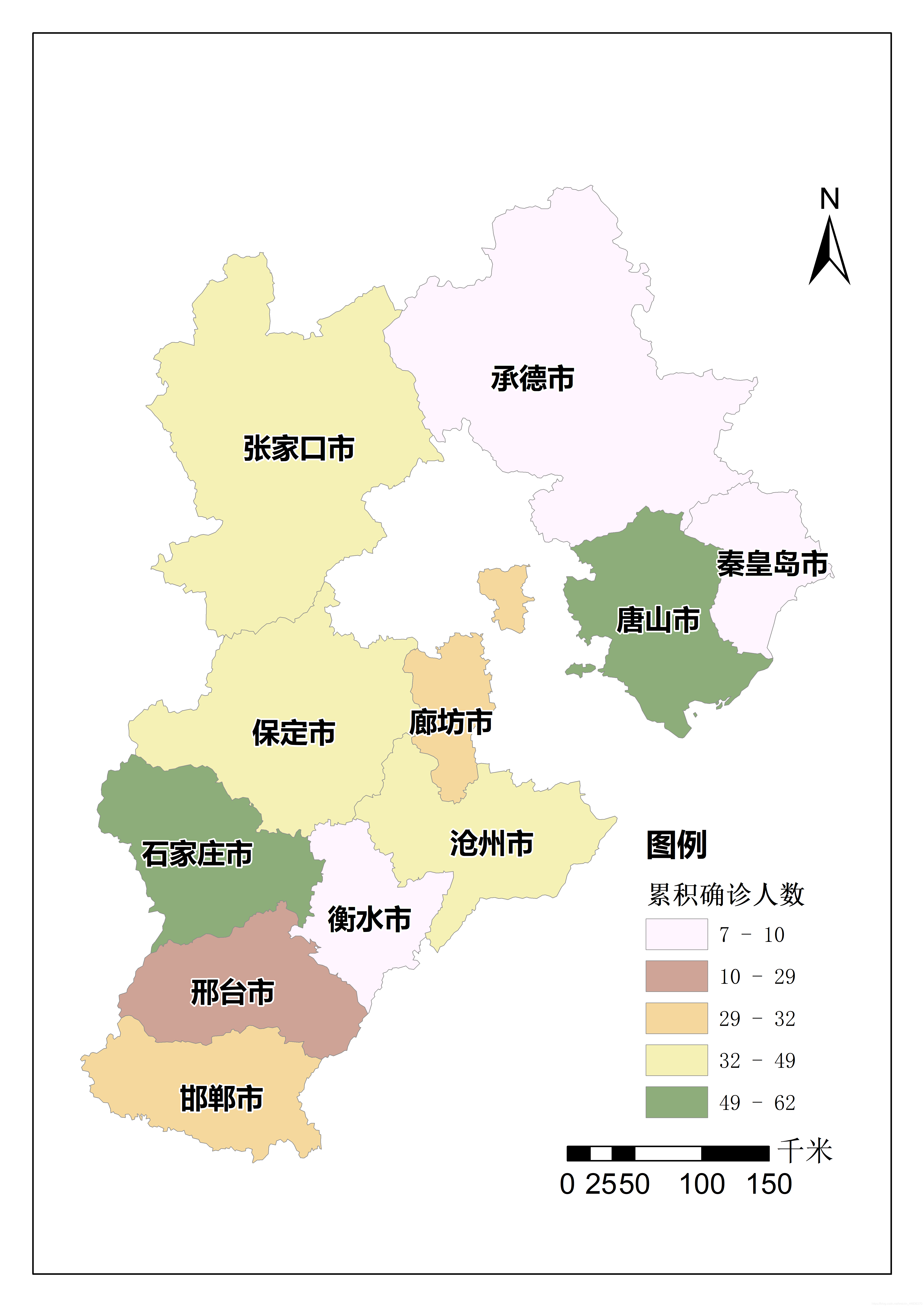 1月6日の河北省における新型コロナウイルス感染症累計感染者数分布図