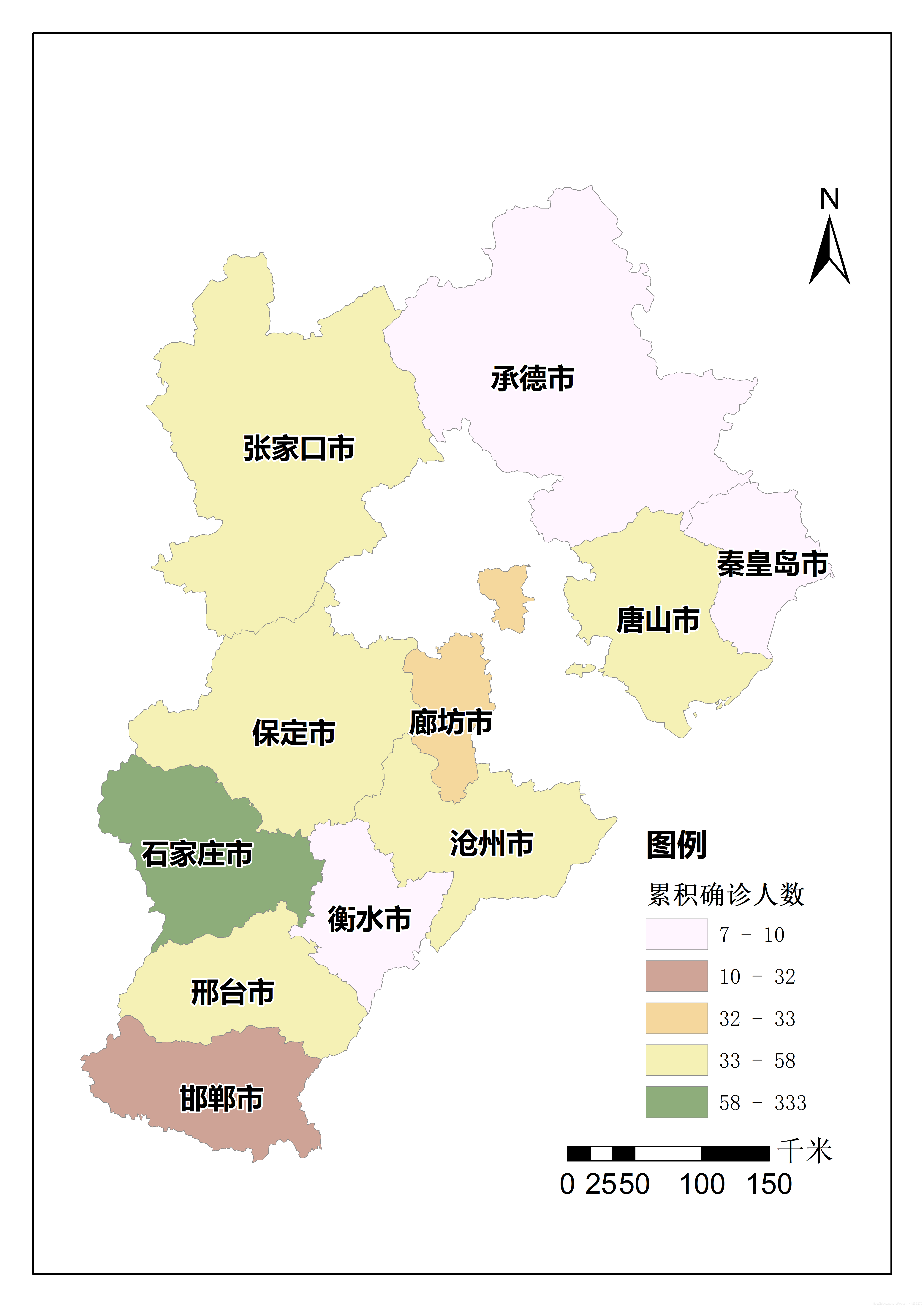 1月12日の河北省における新型コロナウイルス感染症累計感染者数分布図