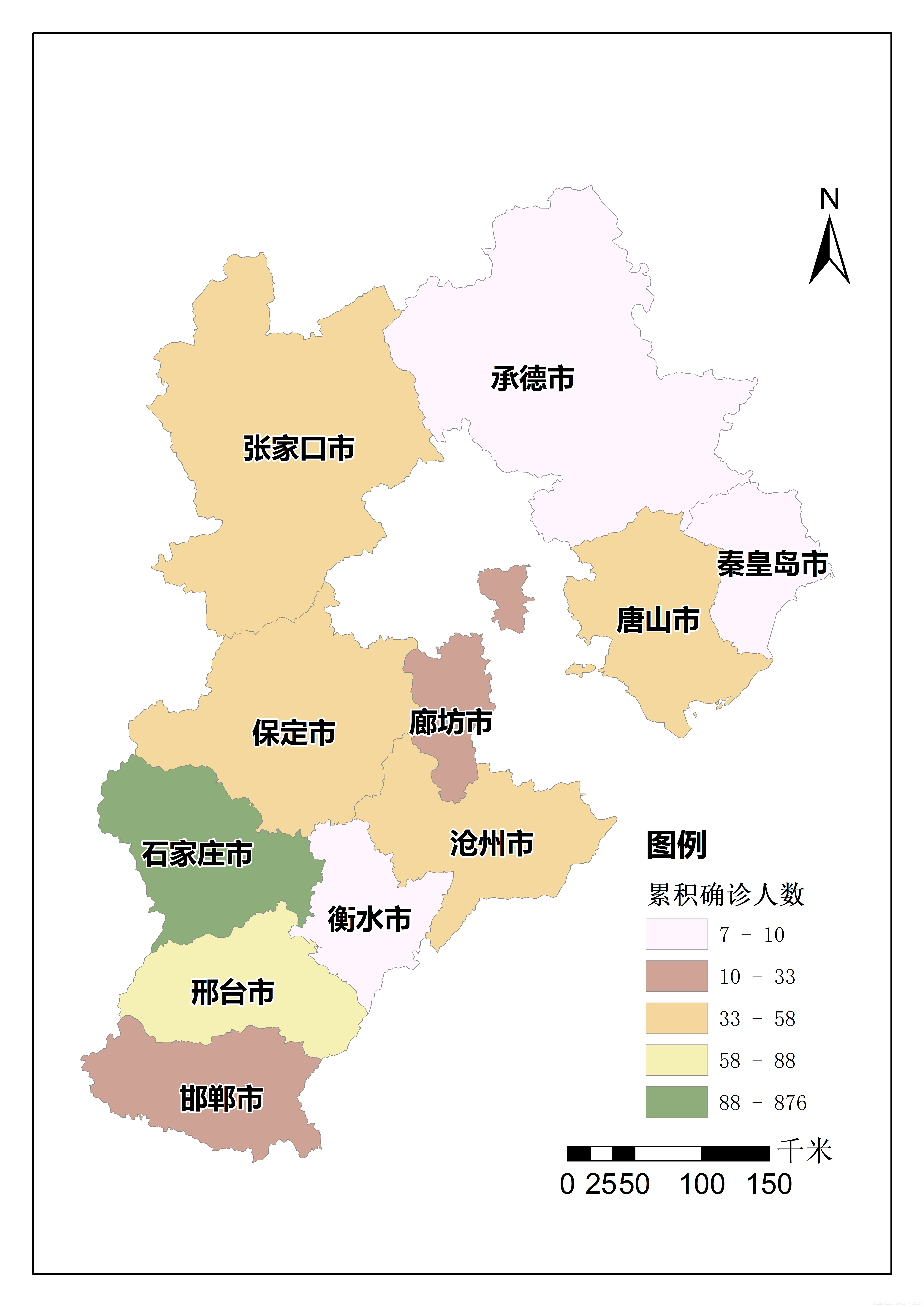 1月24日の河北省における新型コロナウイルス感染症の累積確認データの分布図