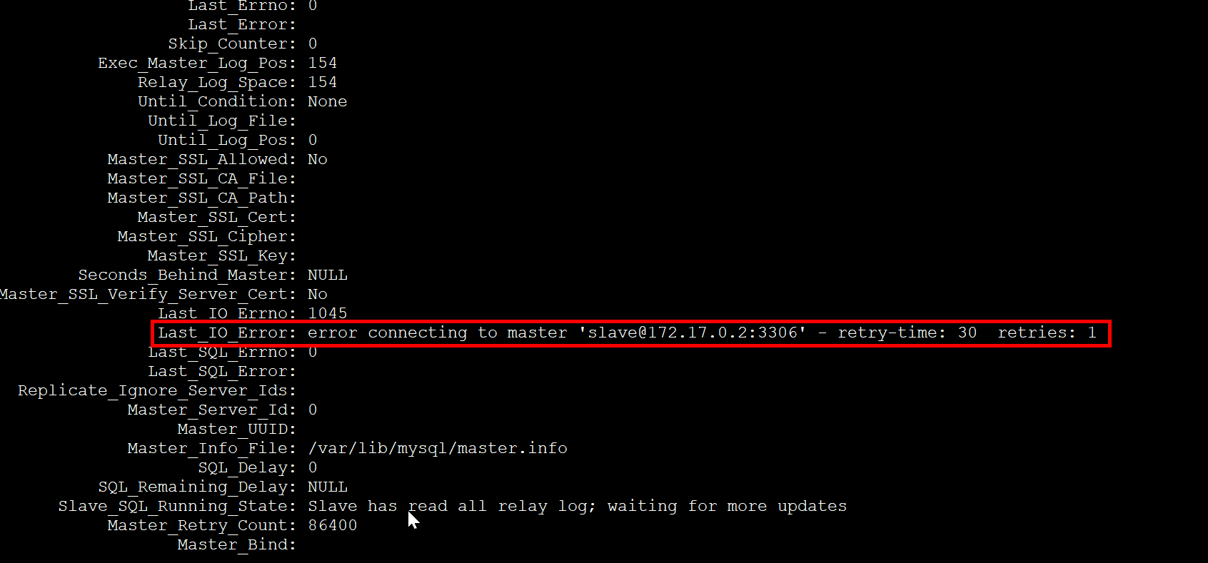 搭建主从数据库出现的错误 error connecting to master ‘slave@172.17.0.2:3306‘ - retry-time: 30  retries: 1
