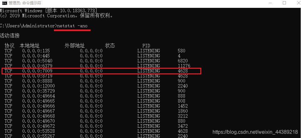 netstat -ano 显示所有运行的端口号