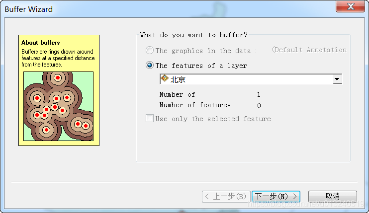 单击Buffer Wizard工具，打开向导页面，选择研究区图层