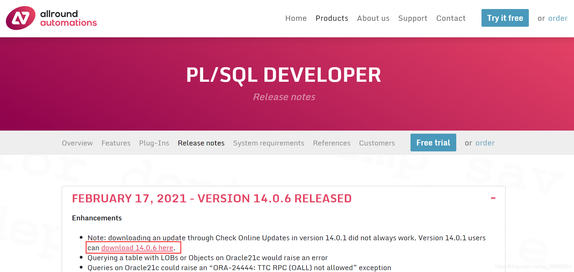 PL/SQL Developer发行版本页面