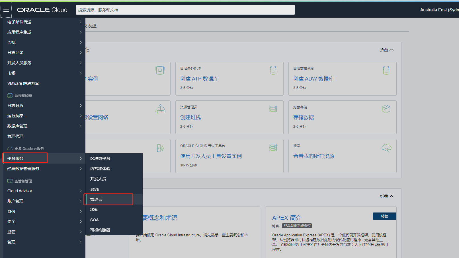 依次点击导航 --> 平台服务 --> 管理云