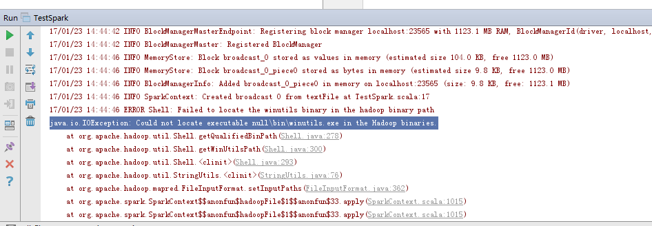 java.io.IOException: Could not locate executable null\bin\winutils.exe in the Hadoop binaries.