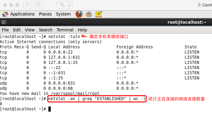 确定本机有哪些端口，统计正在连接的网络连接数量