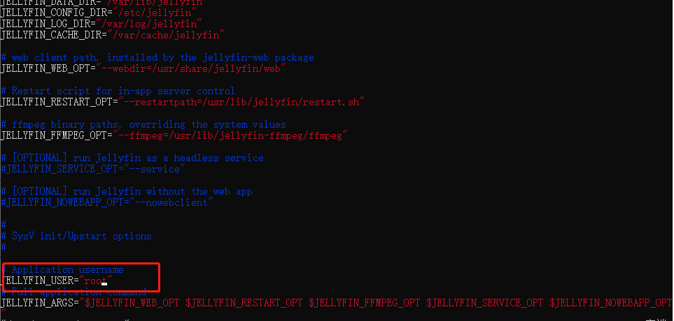 将图片中红框部分用户名jellyfin改为root