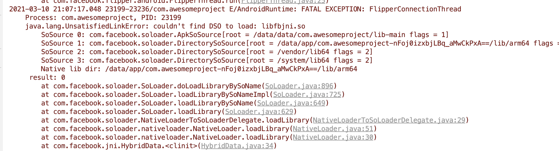App Crash - com.facebook.soloader.SoLoader.doLoadLibraryBySoName