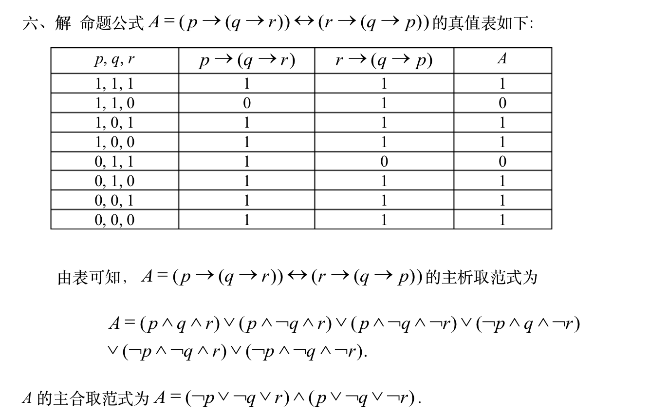 利用真值表求命题公式A=（p→（q→r))↔︎（r→(q→p))的主析取范式和