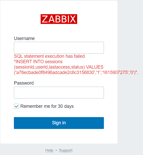 安装Zabbix5.0 登录报错SQL statement execution has failed “INSERT INTO ...