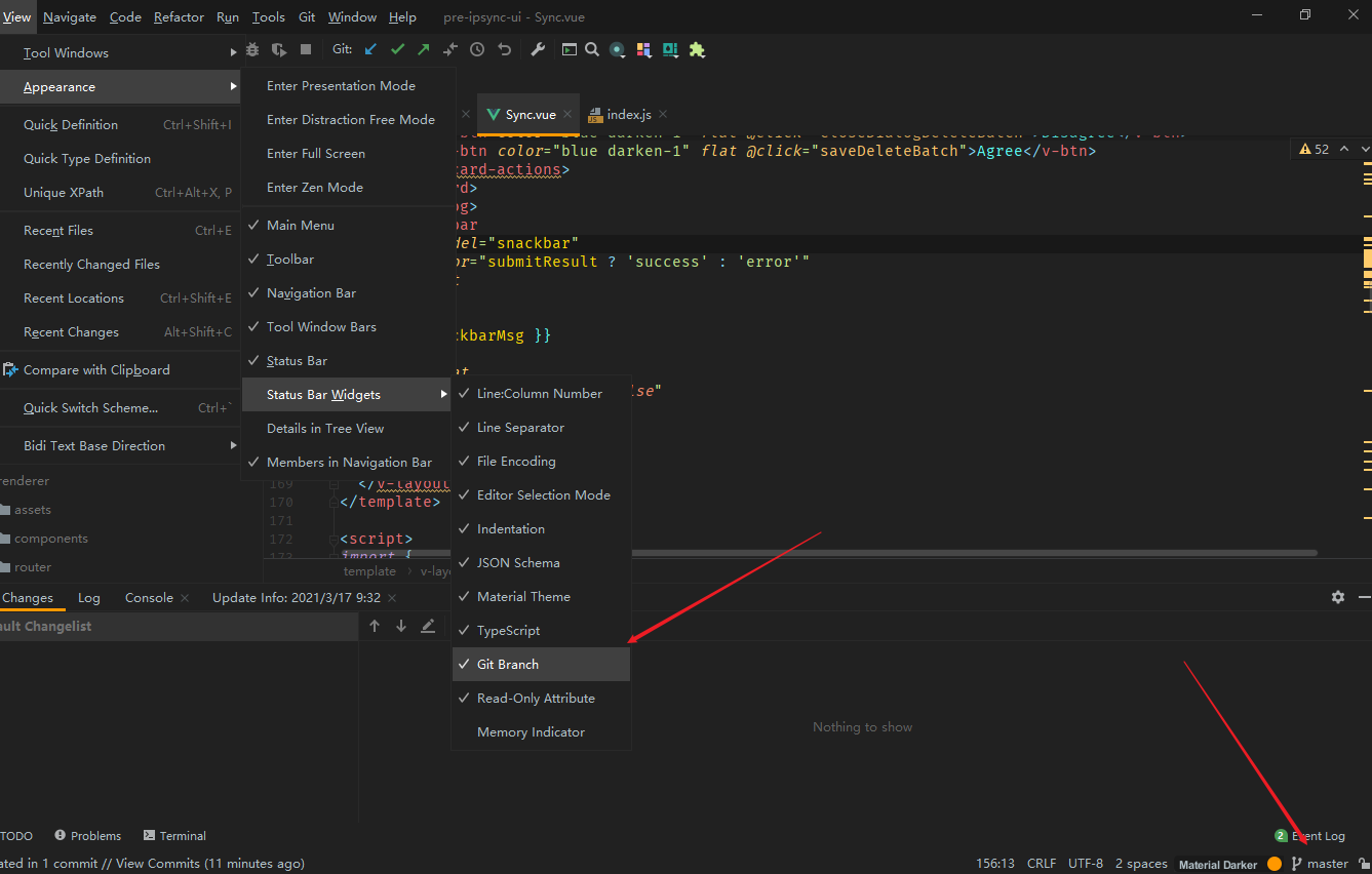 Windows 环境下Webstorm 2020.3 版本在右下角找不到Git分支切换部件的一种解决方法