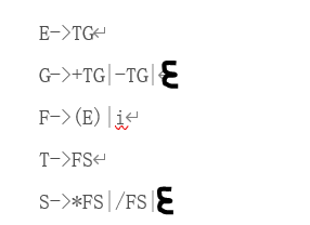 E->TG
G->+TG|-TG|
F->(E)|i
T->FS
S->*FS|/FS|