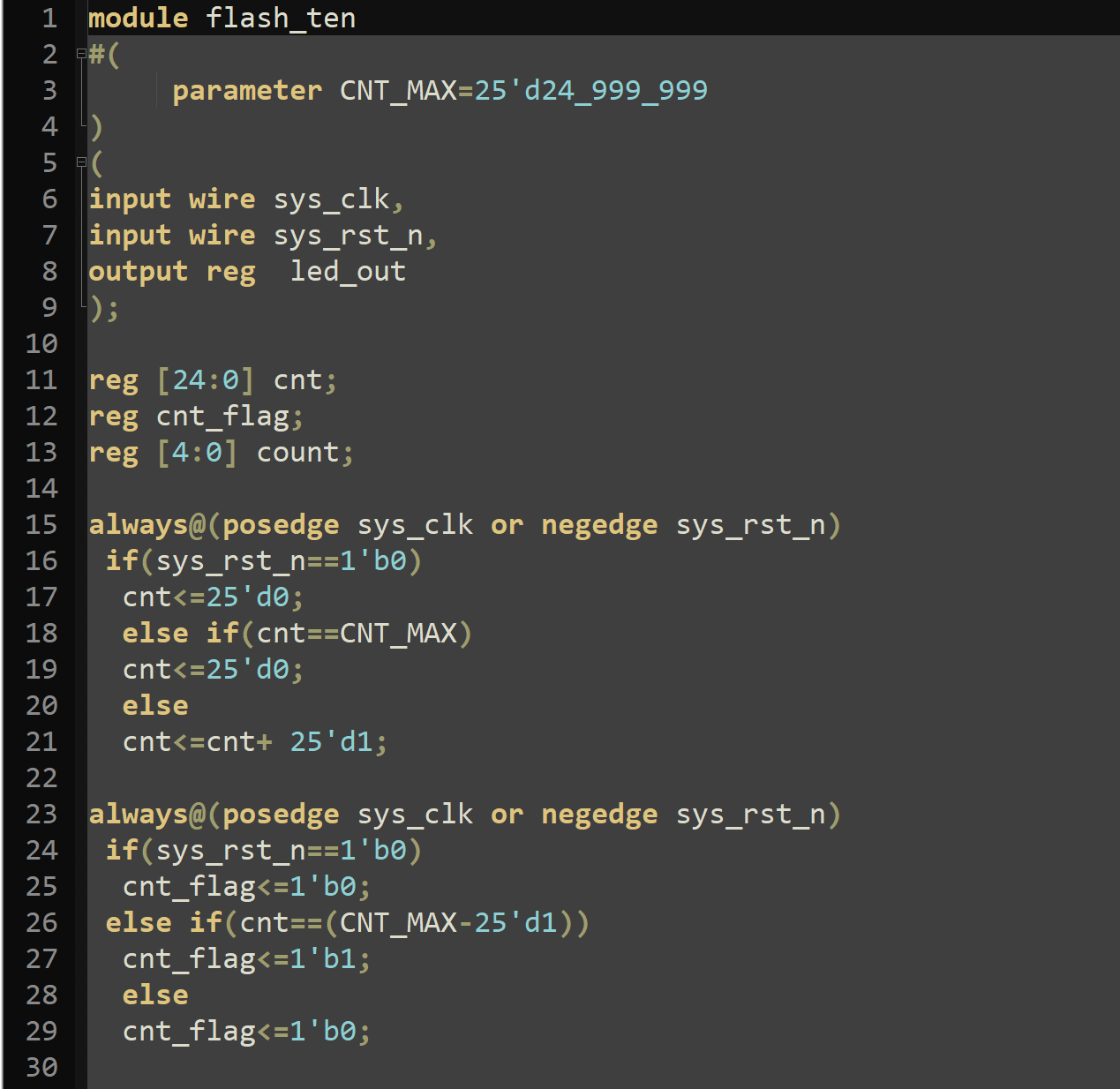 定义计数器cnt，使其计数到25'd24_999_999，随后清零重新开始计数