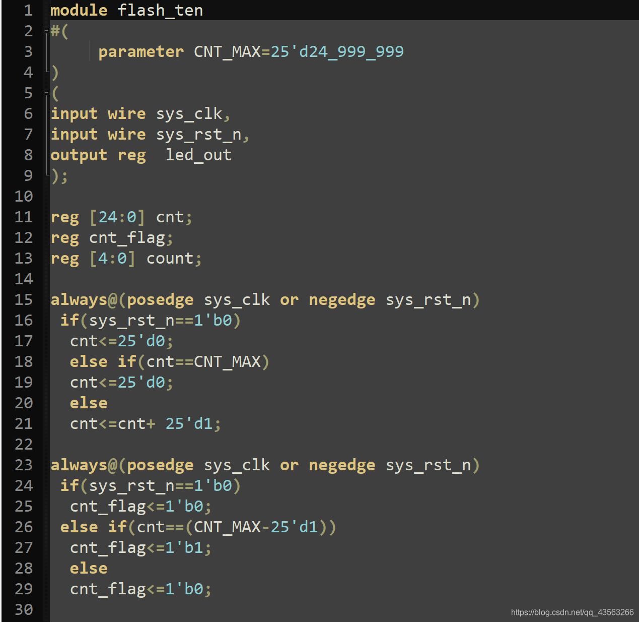 定义计数器cnt,使其计数到25'd24_999_999,随后清零重新开始计数