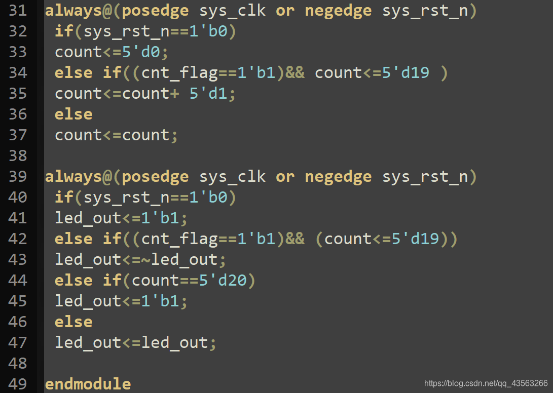 第41行led_out的初值之所以赋为高电平,是由于上板验证过程中,发现按下复位键后,led灯只闪烁了9次,具体什么原因也还不清除:)