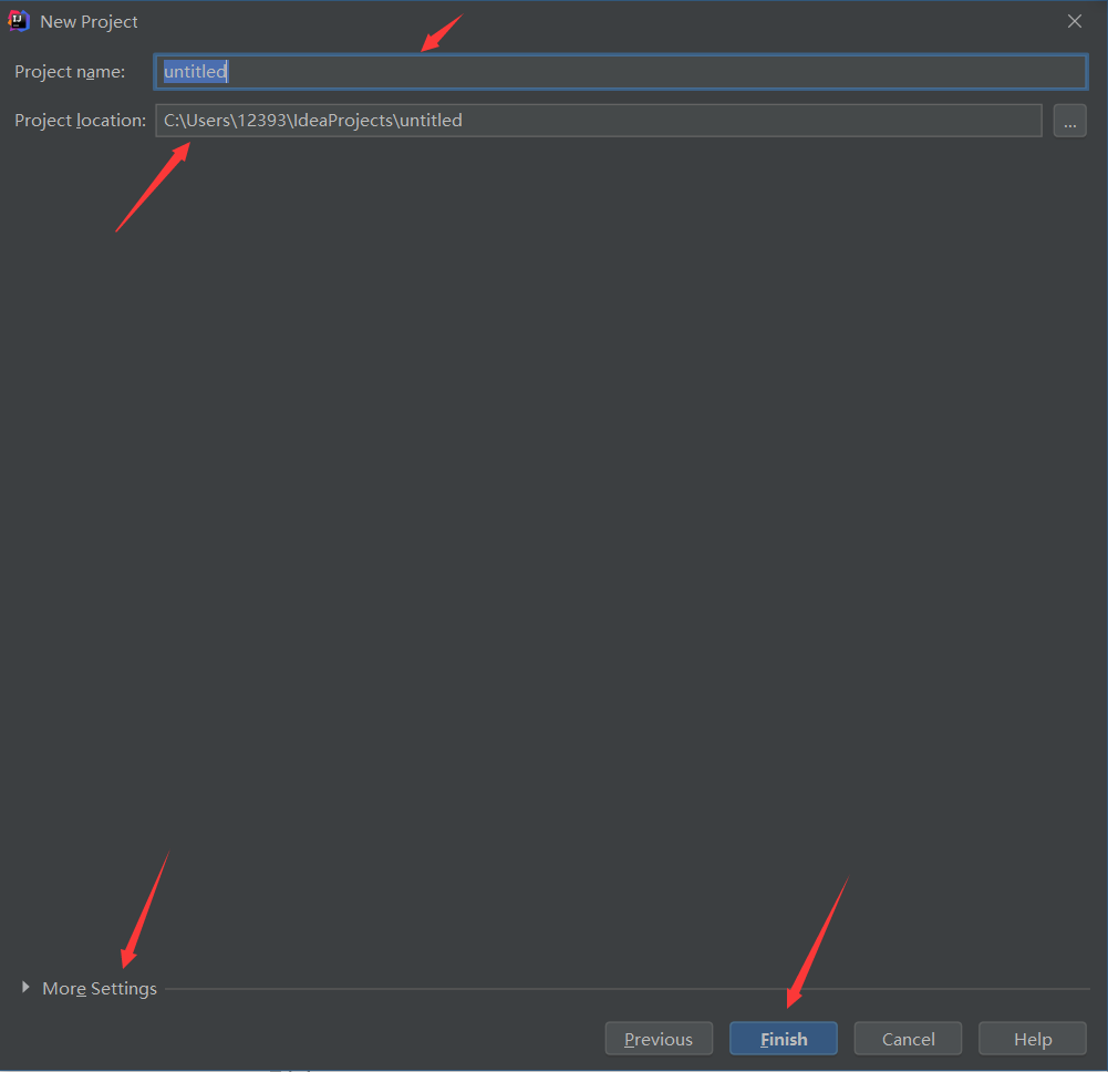 先给程序取名字再选择程序的保存路径最后根据需求进行更多设置以及选择Finish进行后续操作